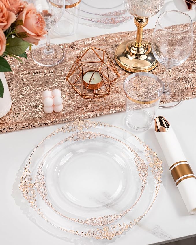 Nervure 350PCS Rose Gold Plastic Plates - Rose Gold Plastic Dinnerware Sets for 50 Guests - 100 Disposable Plates, 150 Silverware, 50 Cups, 50 Napkins Perfect for Wedding & Party & Easter