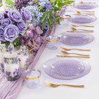 DaYammi 175PCS Clear Purple and Gold Plastic Dinnerware Set for Party, Hammered Disposable Plates for Party, Include: 25 Dinner Plates, 25 Dessert Plates, 75 Gold Silverware, 25 Napkins, 25 Cups