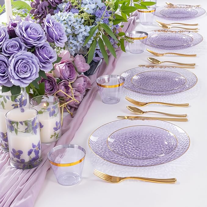 DaYammi 175PCS Clear Purple and Gold Plastic Dinnerware Set for Party, Hammered Disposable Plates for Party, Include: 25 Dinner Plates, 25 Dessert Plates, 75 Gold Silverware, 25 Napkins, 25 Cups