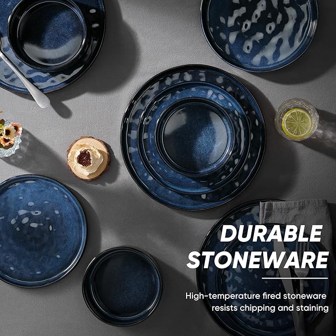 E-far 8-Piece Plates and Bowls Sets with Pasta Bowls - Stoneware Dinnerware Set for 2, Modern Ribbed Dishes, Microwave & Dishwasher Safe, Starry Blue