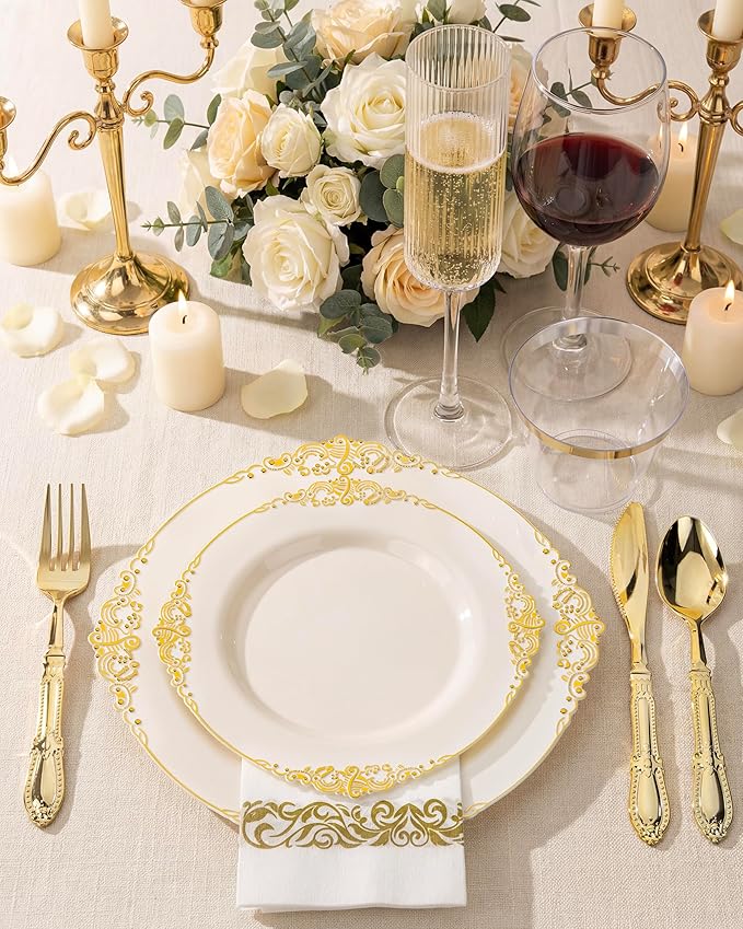 Morejoy 175 PCS Lvory Plastic Plates - Lvory Gold Plastic Dinnerware Set Include 25Dinner Plates, 25Dessert Plates 50Cutlery, 25Cups, 50Napkin Perfect for Party & Wedding