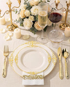 Morejoy 175 PCS Lvory Plastic Plates - Lvory Gold Plastic Dinnerware Set Include 25Dinner Plates, 25Dessert Plates 50Cutlery, 25Cups, 50Napkin Perfect for Party & Wedding