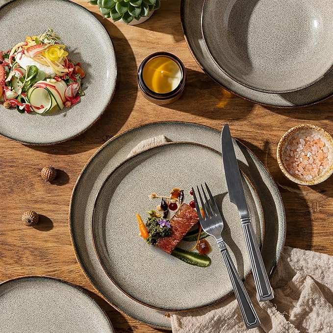 GBHOME Stoneware Dinnerware Sets for 4, 12 Pieces Rustic Ceramic Plates and Bowls Set, Handmade Reactive Glaze Plate Sets, Highly Chip Resistant Dishes, Microwave & Dishwasher Safe, Green Wheat