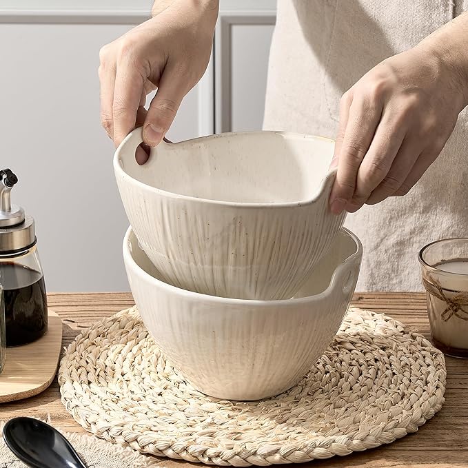 Ramen Bowl with Chopsticks and Spoons Set, 7 Inch Ceramic Noodle Bowl Set of 2, Dishwasher Safe for Pho Udon Soba Noodle Salad Pasta, Special Reactive Glazed White Bowls Set