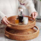 14" Round Rattan Tray, Hand Woven Serving Tray with Handles, Wicker Serving Basket, Decorative Tray for Home Decor, Natural