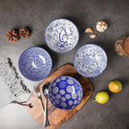 Selamica Ceramic Cereal Bowls Set 25 OZ, Embossed Soup Bowls, Dessert Bowls 5.9 Inch Ceramic Kitchen Bowls for Ramen Oatmeal Fruits, Microwave Dishwasher Safe, Set of 4, Blue