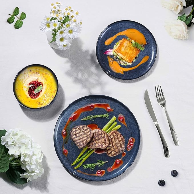 Herogo 6 Pieces Stoneware Dinnerware Sets Service for 2, Dinner Plates and Bowls Sets, Double Reactive Glaze Dishes Set for Kitchen, Scratch Resistant, Microwave & Dishwasher Safe, Starry Blue