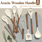Non-Stick Silicone Kitchen Utensils Set with Natural Acacia Hard Wood Handle, Umite Chef 8 Pieces Kitchen Spatulas set, White, BPA Free, Baking, Serving and Cooking Utensils