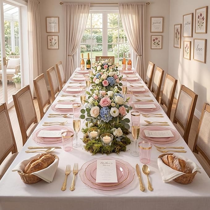 KIRE 210Pcs Clear Pink Plastic Plates with Gold Rim - Disposable Pink Plates&Silverware&Pink Cups&Hand Napkin - Plum Colored Plastic Dinnerware for Upscale Wedding/Party/Baby Shower/Mother's Day