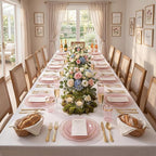 KIRE 210Pcs Clear Pink Plastic Plates with Gold Rim - Disposable Pink Plates&Silverware&Pink Cups&Hand Napkin - Plum Colored Plastic Dinnerware for Upscale Wedding/Party/Baby Shower/Mother's Day