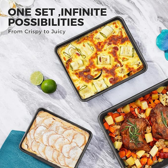 HONGBAKE Deep Baking Pans Set for Oven, Nonstick Rectangle Sheet Cake Baking Pans, 13/11/9 Inch Rectangular Oven Tray for Cooking Brownie Lasagna, Stackable Multi-Depth Bakeware, Black