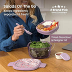 Bentgo Glass Prints Salad Container - 7.6-Cup Tinted Glass Salad Bowl with Airtight Lid, Leak-Proof Sauce Container, 4-Compartment Bento Meal Prep Tray & Reusable Fork (Floral Maximalist - Bouquet)