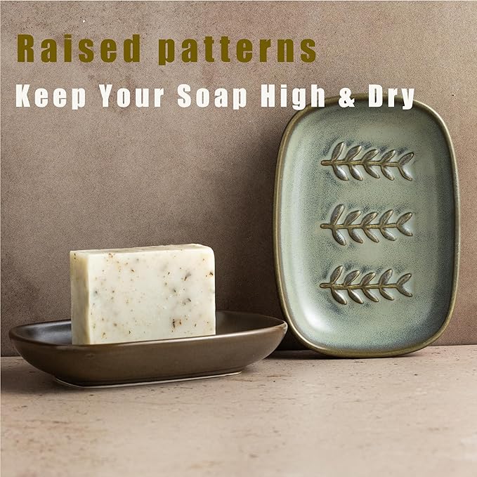 Miamolo Ceramic Soap Dish Bar Soap Holder for Shower, Soap Dishes for Bar Soap Sponge, Shower Soap Saver Tray for Bathtub Bathroom Kitchen Sink, Housewarming Gift, Pro-Environment, Dark Green