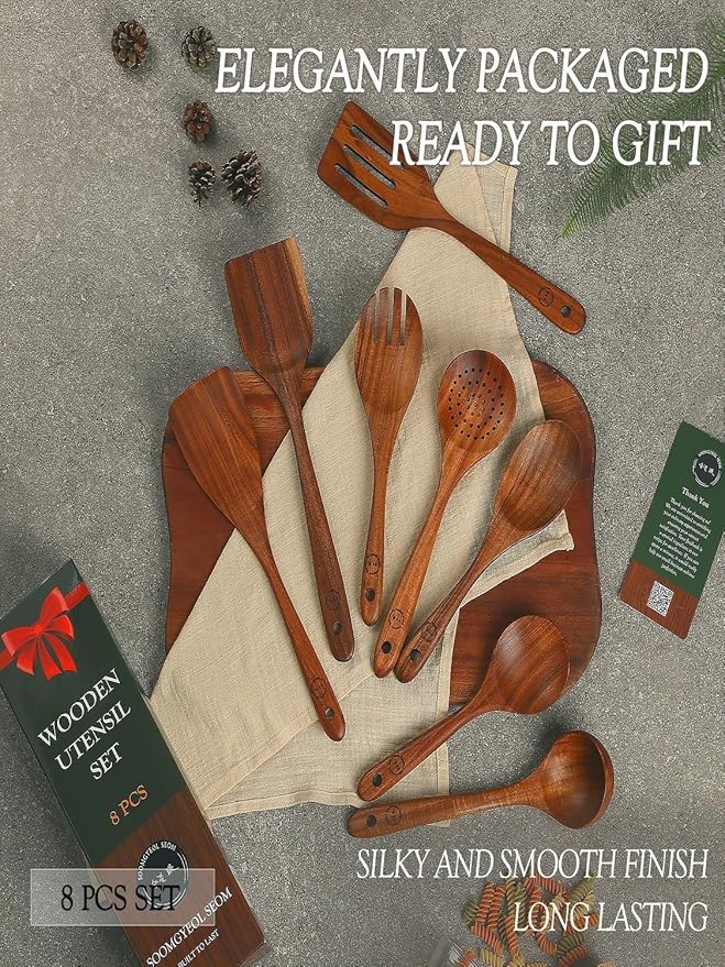 8-Piece Natural Teak Wood Utensil Set - Essential Nonstick Cooking Spoons & Spatulas, Eco-Friendly Tools
