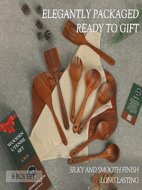 8-Piece Natural Teak Wood Utensil Set - Essential Nonstick Cooking Spoons & Spatulas, Eco-Friendly Tools