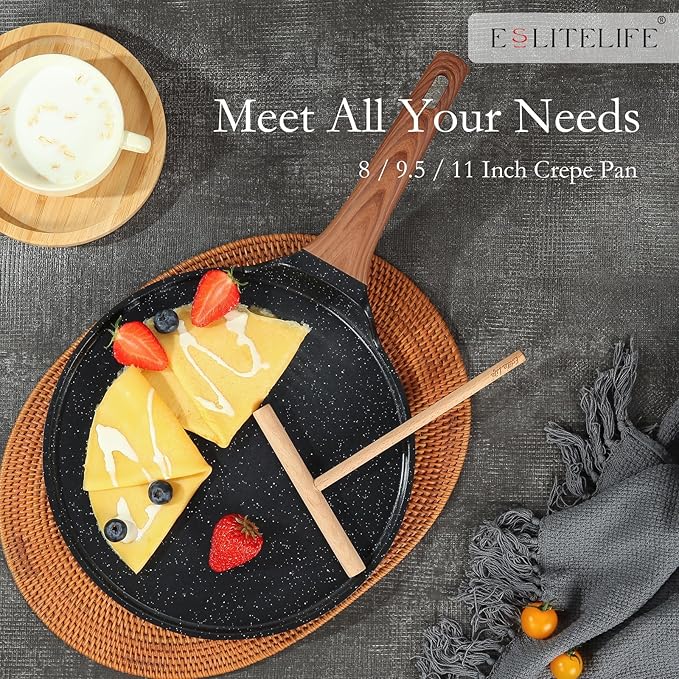 ESLITE LIFE 11 Inch Crepe Pan with Spreader, Nonstick Granite Coating Dosa Pan, Roti Tawa Comal Para Tortillas Pancake Griddle Pan, Induction Compatible, PTFE & PFOA Free, Black (Pack of 2)