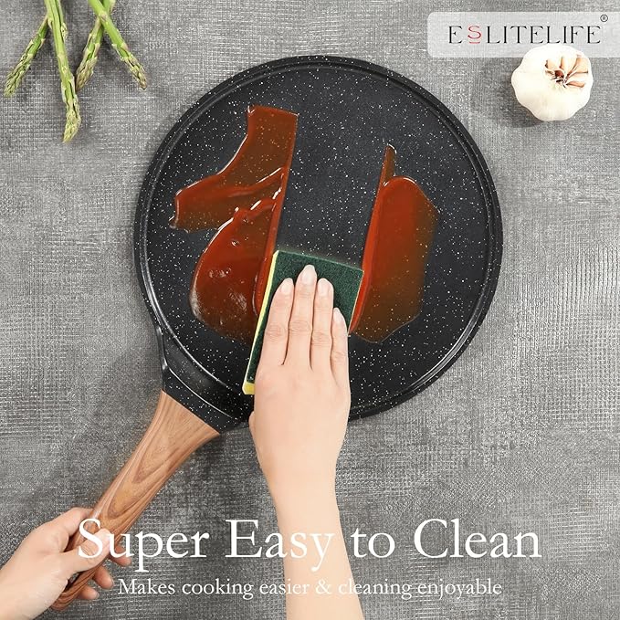 ESLITE LIFE 11 Inch Crepe Pan with Spreader, Nonstick Granite Coating Dosa Pan, Roti Tawa Comal Para Tortillas Pancake Griddle Pan, Induction Compatible, PTFE & PFOA Free, Black (Pack of 2)