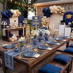 KIRE 140Pcs Blue Plastic Plates with Gold Rim - Gold Disposable Plastic Silverware with Blue Handle&Clear Cups&Hand Napkin - Geometric Party Plates for Passover/Party/Graduation