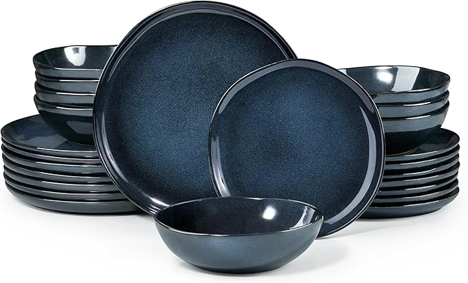 HaWare Plates and Bowls Set, Stoneware Dinnerware Sets, 24-Piece Hand-painted Dishware for 8, Ceramic Dinner Set for Home Kitchen, Microwave and Dishwasher Safe, Reactive Starry Blue