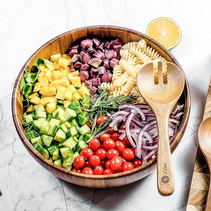 BILL.F Wooden Serving Bowl,12" Acacia Wood Large Salad Bowl Set with Salad Spoon and Fork for Fruits, Salads, Pasta