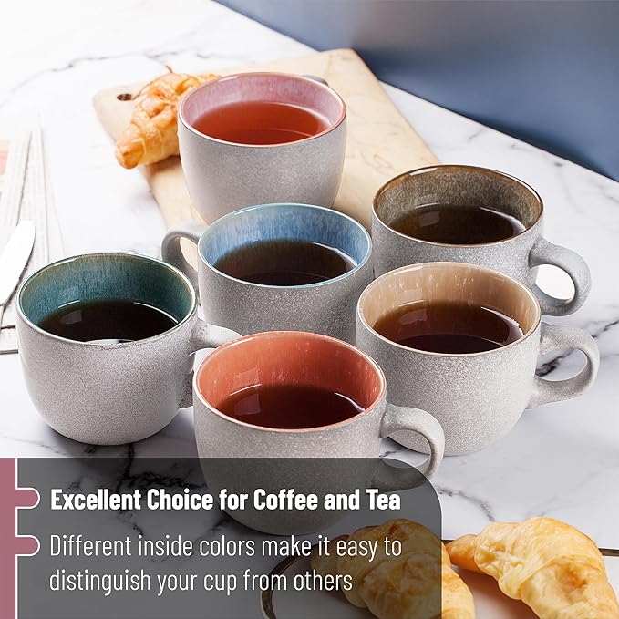 BTaT- Porcelain Coffee Mugs Set, 14 oz (415 ml), 6 Pack, Ceramic Coffee Mugs, Matte White Outside and Colorful Inside, Restaurant Cups for Tea, Cappuccino, Cocoa, Cereal, Mug Gift Set, Dishwasher Safe