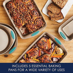 Rachael Ray Cucina Bakeware Set Includes Nonstick Bread Baking Cookie Sheet and Cake Pans, 5 Piece, Latte Brown with Agave Blue Grips