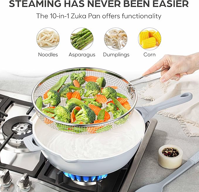 ZUKA 10 in 1 Ceramic Pan by Granitestone, Large 10 Inch Saute Pan with Lid Serves as Deep Frying Pan Set with Steamer, Everyday Skillet, Non Toxic Ceramic Nonstick, Induction Oven & Dishwasher Safe