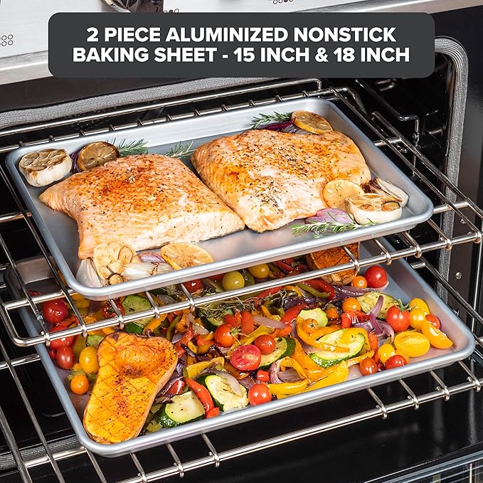 Viking Premium 2-Piece Nonstick Baking Sheet Pan Set, Made without PFAS, Heavy Gauge Aluminized Steel Cookie Sheets with Reinforced Iron Frame, 15 & 18-Inch, Oven Safe to 475F
