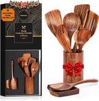 Wooden Spoons for Cooking, Wooden Utensils for Cooking Natural Teak Wooden Kitchen Utensils Set Comfort Grip(9 PCS SET GIFT BOX)