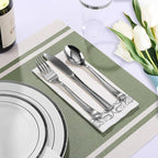 FOCUSLINE 350 Ct Disposable Dinnerware Set for 50 Guests -Heavy Duty Plastic Plates with Silver Rim, Includes 50 Dinner & Salad Plates, Cups, Napkins, Cutlery Set