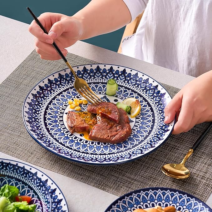 Bestone 12 Piece Round Kitchen Dinnerware Sets,Plates and Bowls sets,Dishes, Plates, Bowls, Dish Set，Plates and Bowls,Service for 4, Chip Resistant Porcelain ， Blue