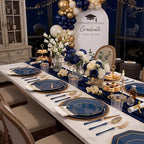KIRE 140Pcs Blue Plastic Plates with Gold Rim - Gold Disposable Plastic Silverware with Blue Handle&Clear Cups&Hand Napkin - Geometric Party Plates for Passover/Party/Graduation
