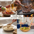 8 Piece Teak Wooden Cooking Spoons Set – Wooden Utensil Set with Spatula Scraper Pasta Spoon Rice Paddle Tongs for Everyday Cooking, Smooth Sanded Finish, Comfortable Grip Handles, Gentle on Cookware