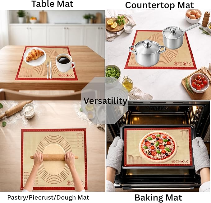 Silicone Pastry Mat with Measurements, 28 x 20 Inch Extra Thick Non-Slip Nonstick XL Baking Mat for Dough Rolling, Kneading, Fondant and Pie, Red