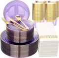Rubtlamp 350 Pcs Clear Purple Plastic Plates, Gold Plastic Dinnerware Set (50 Guests), Purple Disposable Plates With Gold Rim, Hammered Party Plates Set for Wedding And Party