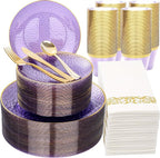 Rubtlamp 350 Pcs Clear Purple Plastic Plates, Gold Plastic Dinnerware Set (50 Guests), Purple Disposable Plates With Gold Rim, Hammered Party Plates Set for Wedding And Party
