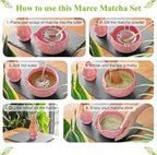 Matcha Whisk Set- Matcha Set includes Matcha Whisk and Bowl with Spout, Sifter, Holder and Scoop- The Perfect Bamboo Whisk for Matcha Tea (Pink Flowers)