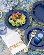 Nervure 175PCS Blue Plastic Plates - Blue Gold Plastic Dinnerware Set Disposable Include 50 Plates for Dinner and Dessert, 25Knives, 25Spoons, 25Forks, 25Cups, 25Napkins for Weddings & 4th of July