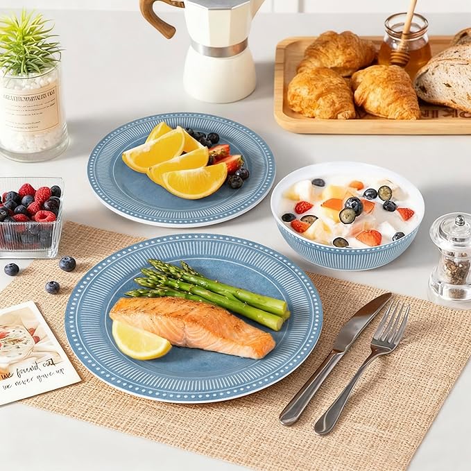 AELS Melamine Dinnerware Set of 18 Pcs, Dinner Dishes Set for Indoor and Outdoor Use, Melamine Plates and Bowls Set for 6, Dishwasher Safe, Lightweight Unbreakable, BPA Free, Blue