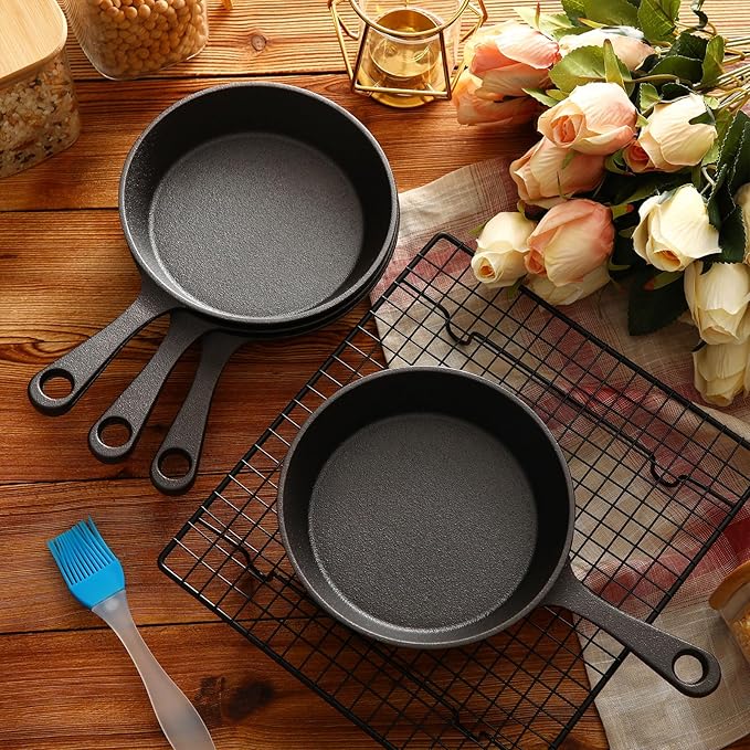 Remerry 30 Sets 4 Inches Cast Iron Skillets Mini Black Iron Nonstick Frying Pan Small Sizzling Plate Egg Pan Cast Pot Bundle with Oil Brush for Indoor and Outdoor Restaurant Kitchen