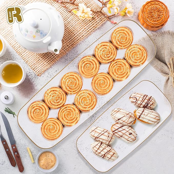 R-kay 4 Pack Plastic Serving Trays For Party - Gold Serving Tray 17 by 6.5 Inch - Heavy Duty Clear Trays For Food - Long Party Serving Trays For Entertaining - Clear Platters