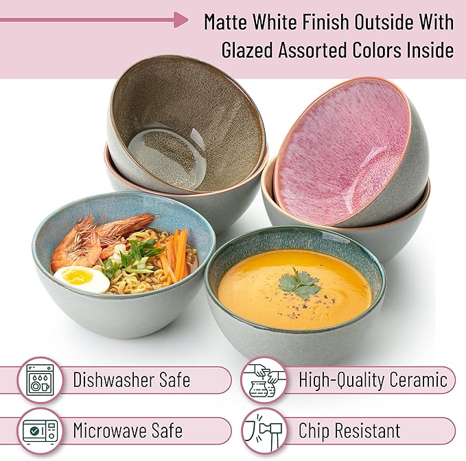 Brew To A Tea BTaT- Ceramic Cereal Bowls, 29 oz, 6 Pack, 6.3 Inches, Glazed Colors Inside, Chip-Resistant Dishwasher & Microwave Safe Bowls for Cereal, Soup, Salads, Snacks, Side Dishes