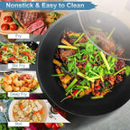 Carbon Steel Wok Pan with Lid & Wood Spatula, 12.5" Cast Iron Stir Fry Pan with Flat Bottom and Wooden Handle for Electric, Induction and Gas Stoves