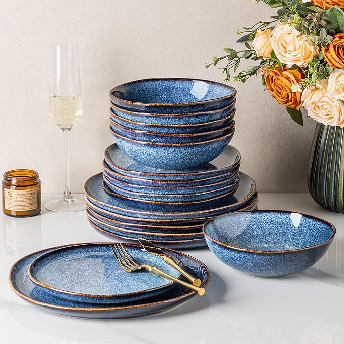 GBHOME Stoneware Dinnerware Sets for 6, 18 Pieces Rustic Ceramic Plates and Bowls Set, Handmade Reactive Glaze Plate Sets, Highly Chip Resistant Dishes, Microwave & Dishwasher Safe, Sea Blue
