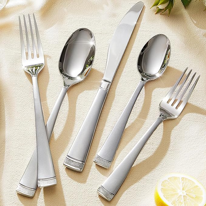 KINGSTONE Silverware Set, 40-Piece Flatware Set for 8, 18/10 Stainless Steel Cutlery Set with Bead Edge, Utensil for Kitchen, Home, Party, Wedding, Mirror Polished, Dishwasher Safe, Featured Gifts