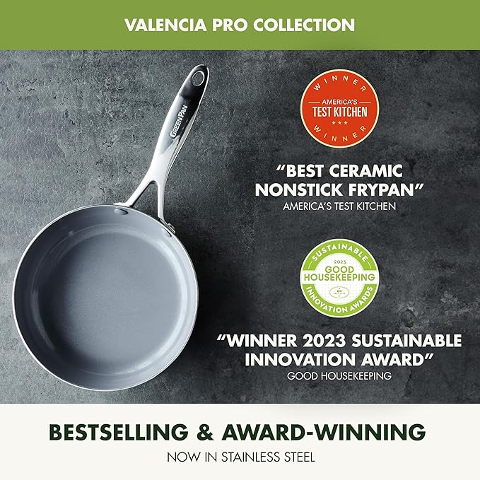 GreenPan Valencia Pro Tri-Ply Stainless Steel 8” Frying Pan Skillet, PFAS-Free Ceramic Nonstick Coating, Induction Ready Cookware, All Cooktops, Eggs & Omelets, Dishwasher & Oven Safe 600F