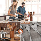 9 Piece Natural Teak Wooden Kitchen Utensil Set with Spoon Rest - Comfort Grip Cooking Spoons and Utensils Holder