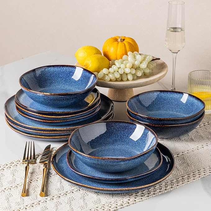 GBHOME Stoneware Dinnerware Sets for 4, 12 Pieces Rustic Ceramic Plates and Bowls Set, Handmade Reactive Glaze Plate Sets, Highly Chip Resistant Dishes, Microwave & Dishwasher Safe, Sea Blue