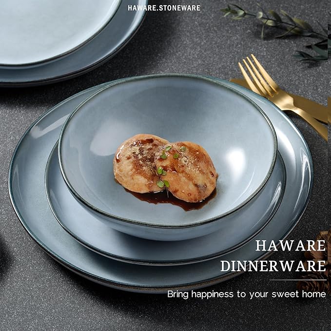 HaWare Plates and Bowls Set, Stoneware Dinnerware Sets, 16-Piece Hand-painted Dishware for 4, Ceramic Dish Set for Home Kitchen, Scratch Resistant, Microwave and Dishwasher Safe, Reactive Foggy Blue