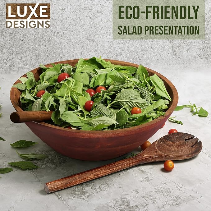 Luxe Designs 12" Dark Burnt Wooden Salad Bowl Set with Serving Utensils Eco-Friendly, Multipurpose Mixing & Serving Bowl for Salads, Pasta, Fruits & More – Durable & Stylish Kitchen Essential